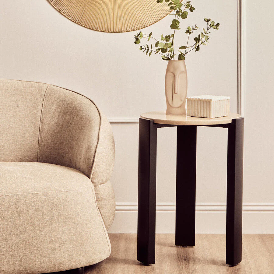 Cream Marble Top Round Side Table with Black Acacia Wood Legs, Palermo - Image 3