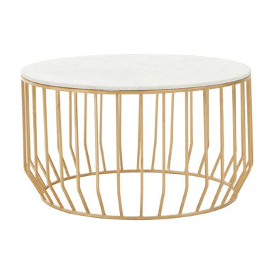 White Marble Top Coffee Table with Gold Finish Iron Cage Base, Pali - Image 2