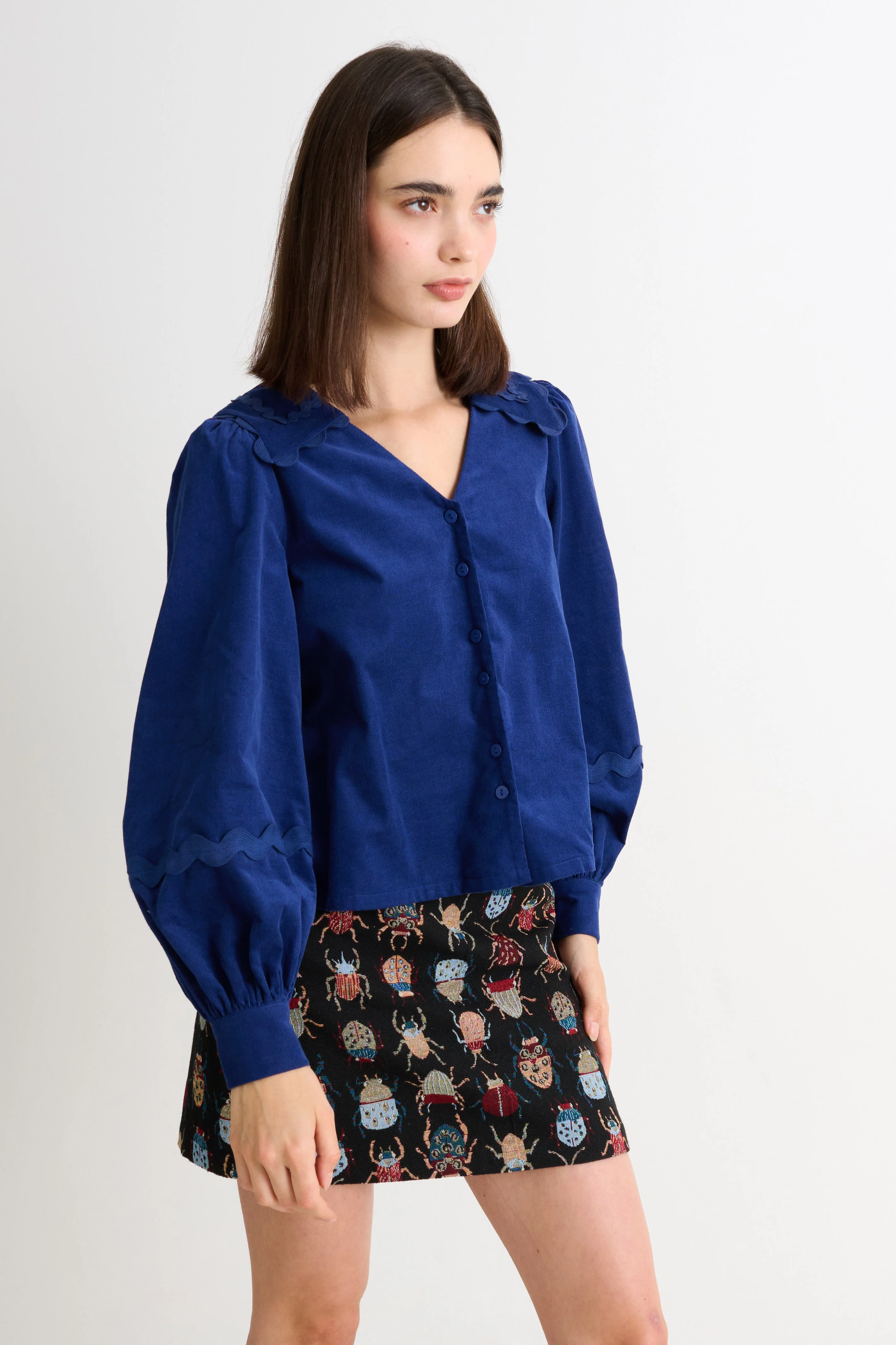 Pallas Babycord Big Collar Ric Rac Trimmed Blouse - Navy - Image 2