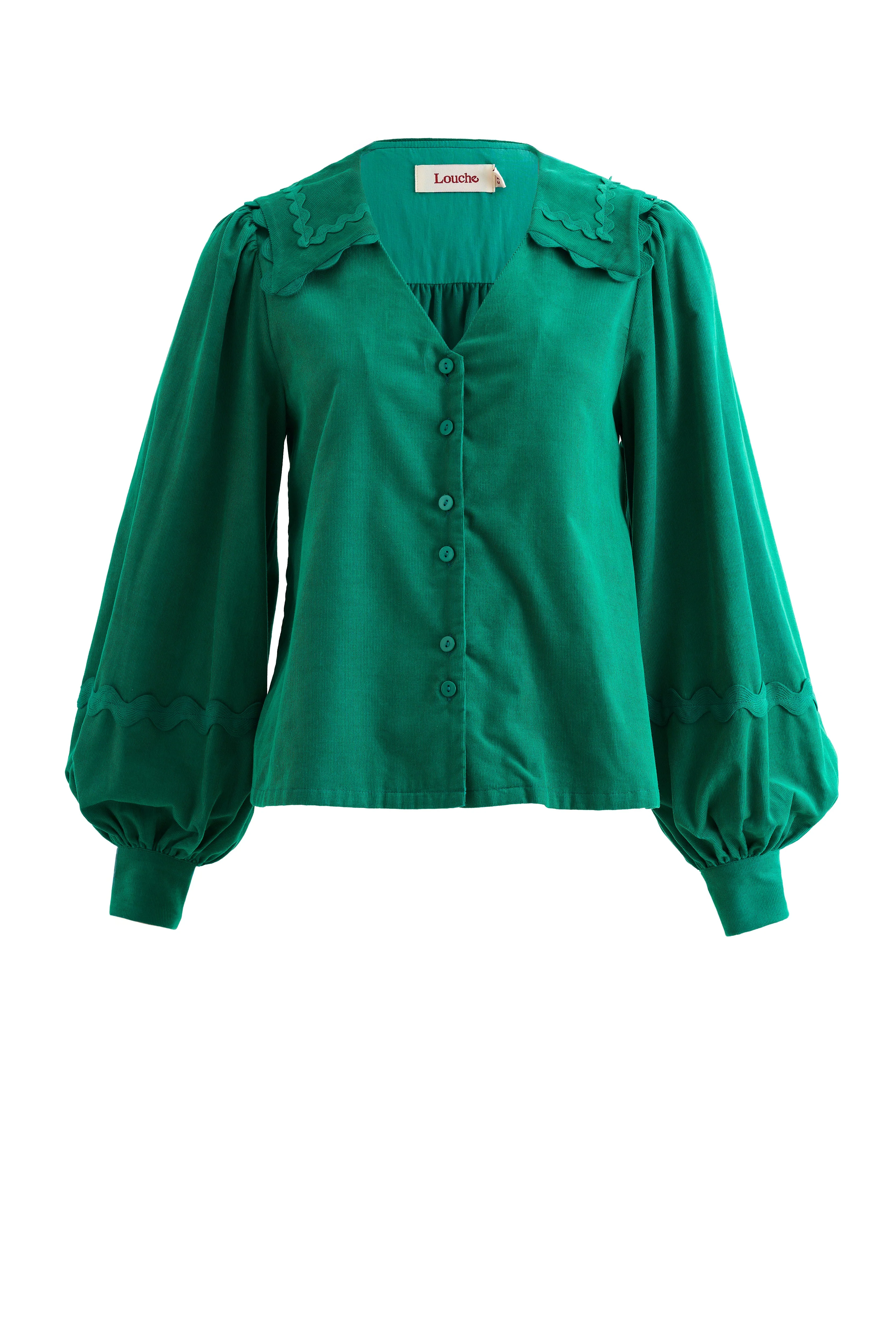 Pallas Babycord Big Collar Ric Rac Trimmed Blouse - Teal - Image 6