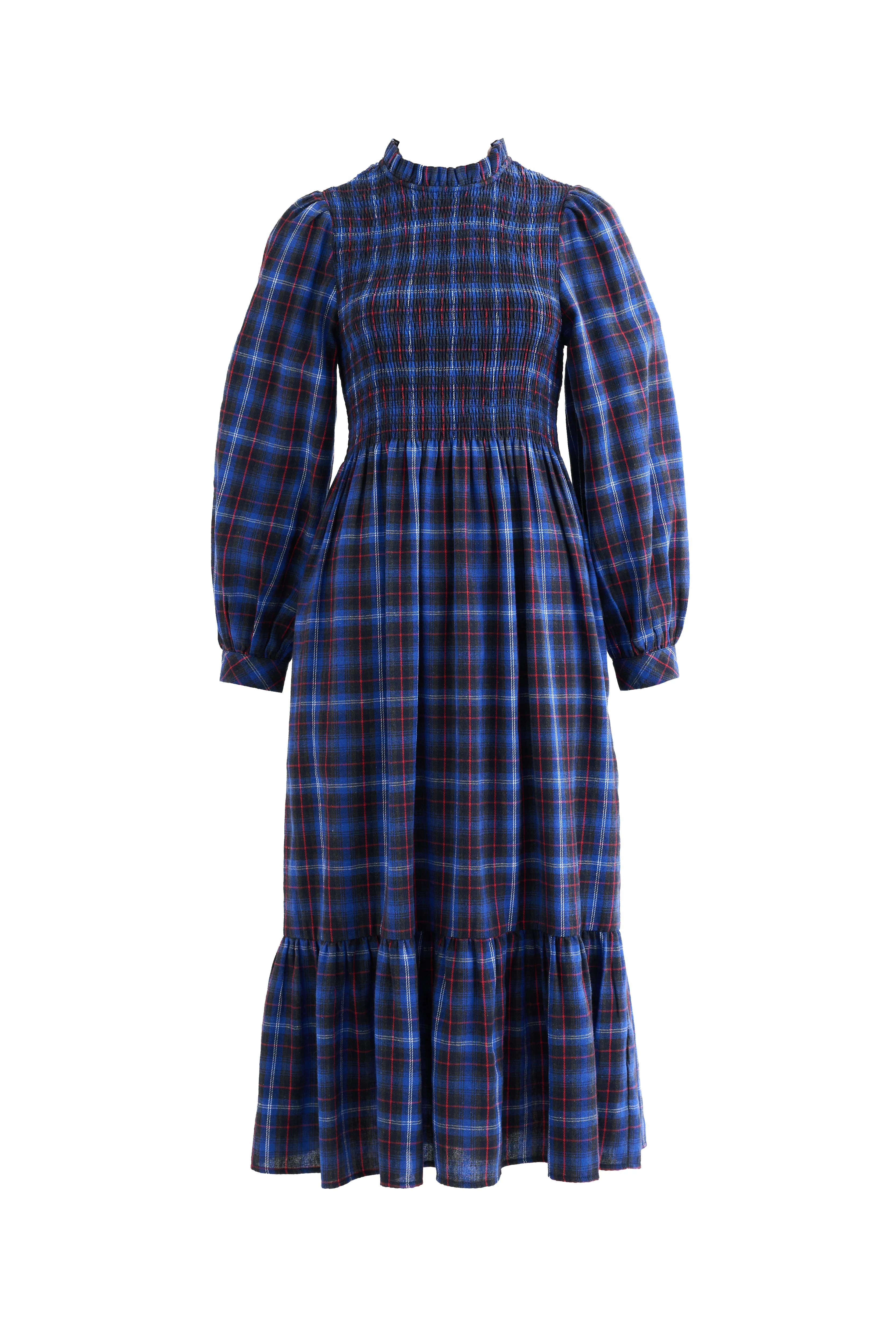 Peppi Winter Check Smocked Bodice Midi Dress - Blue - Image 7