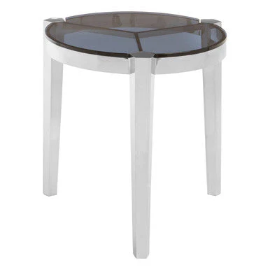 Smoky Grey Glass Round Top End Table with Silver Stainless Steel Frame, Piermount - Image 3
