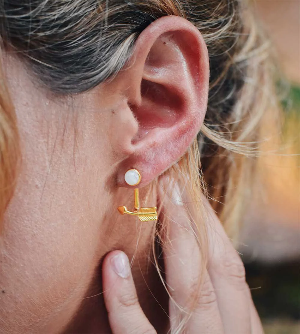 Pueblo Curved Arrow and Moonstone Ear Jacket, Gold Vermeil - Image 2