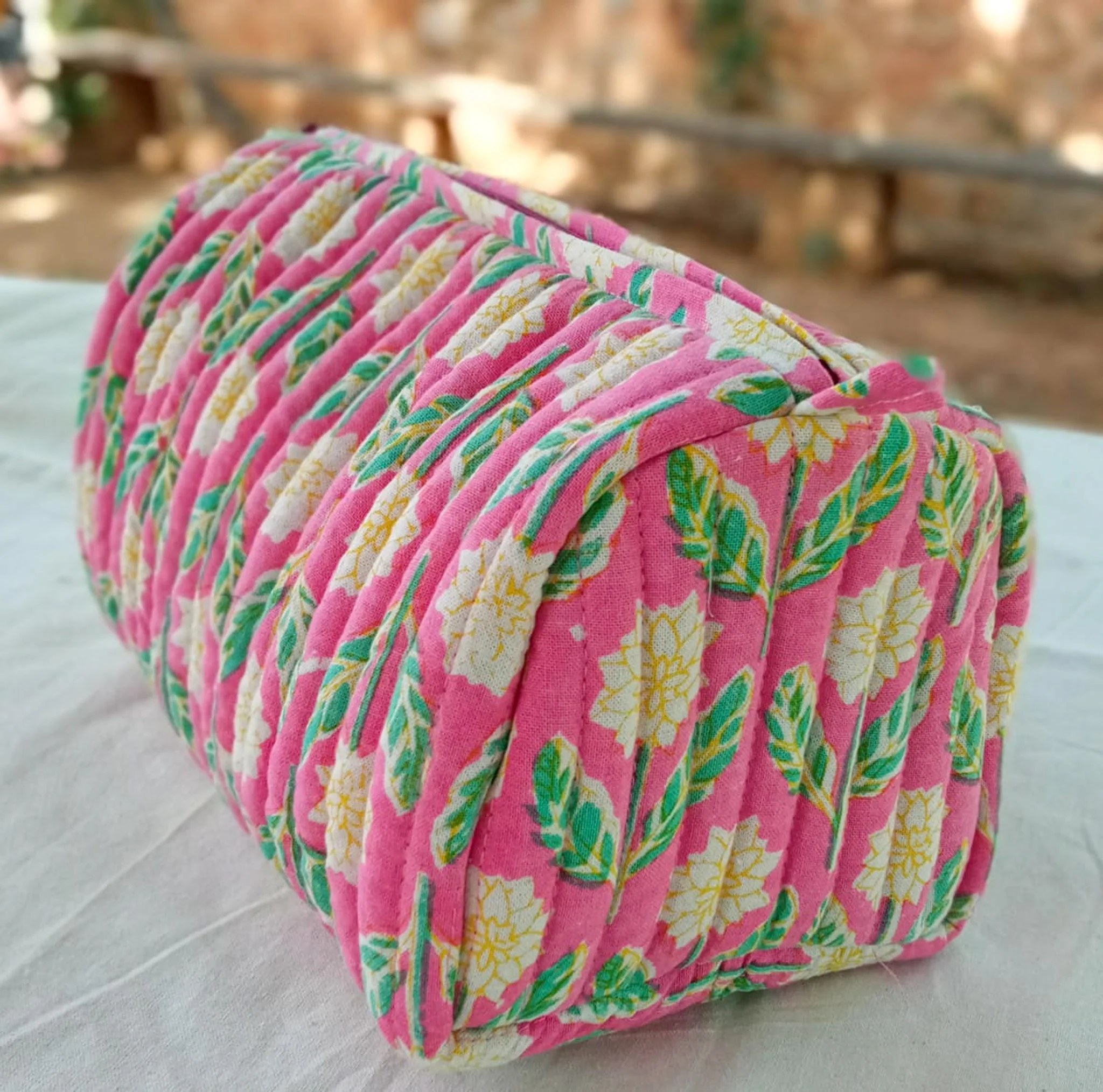 Quilted block print make up bag, large cosmetic pouch - Image 6