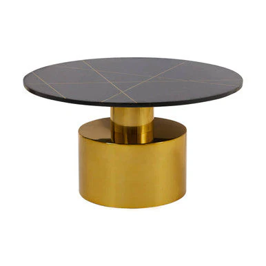 White Marble Round Top Coffee Table with Sculptural Geometric Gold Base, Rabia - Image 2