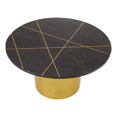White Marble Round Top Coffee Table with Sculptural Geometric Gold Base, Rabia - Image 3