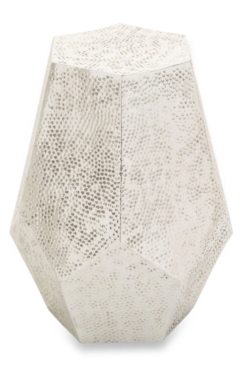 Grey Polished Aluminium Drum Side Table with Geometric Detail Pattern, Rabia - Image 2