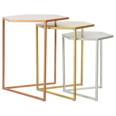 Nest of 3 Assorted Hexagonal Nesting Table with Metallic Tops, Rabia