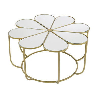Silver and Gold Iron Frame Coffee Table with Petal Design Mirrored Top, Rabia - Image 2