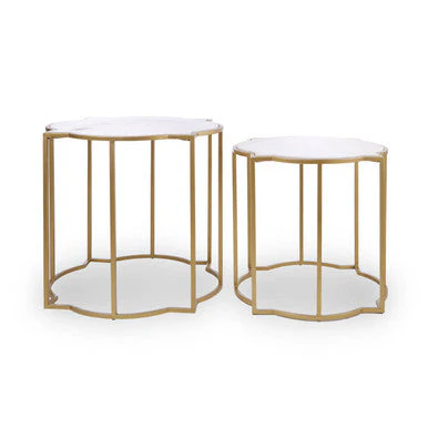 White Marble Quatrefoil Top Set of 2 Side Table with Brass Finish Frames, Rabia