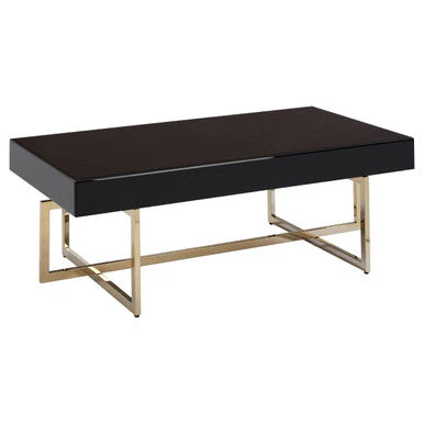 Black Mirrored Top Coffee Table with Gold Finish Stainless Steel Frame, Ragusa - Image 4