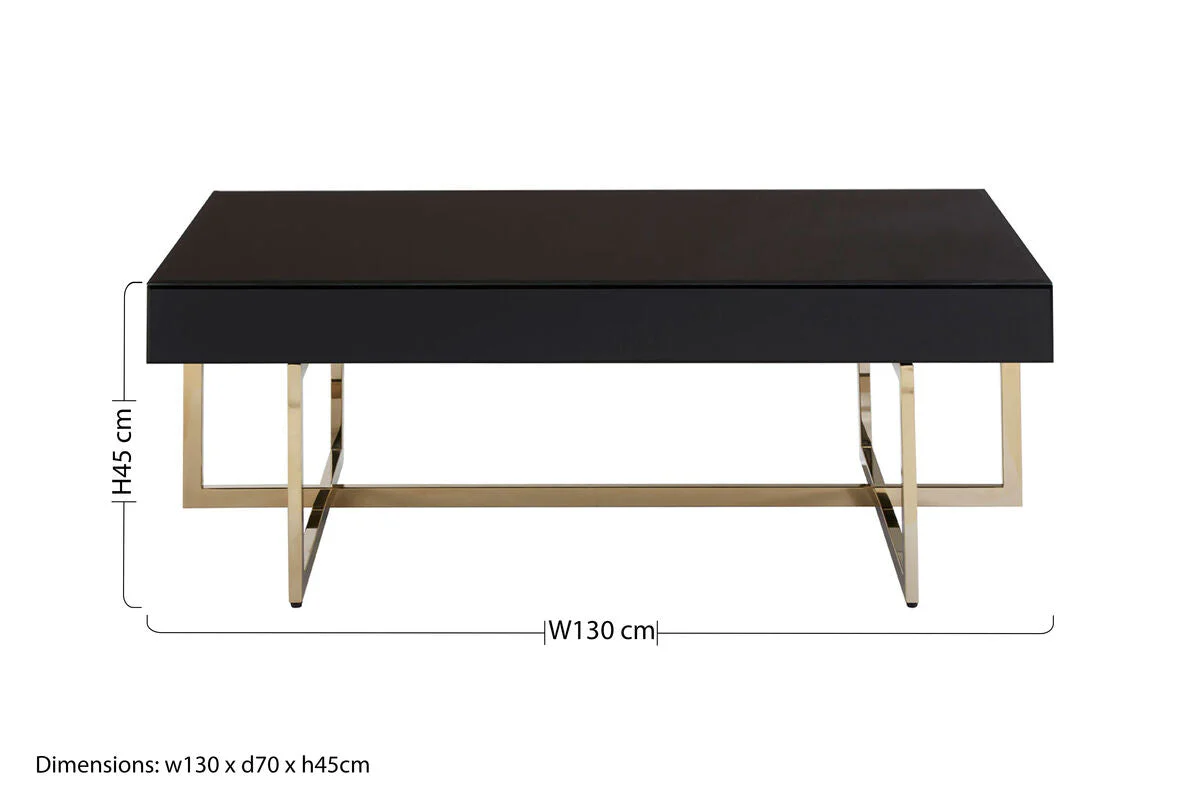 Black Mirrored Top Coffee Table with Gold Finish Stainless Steel Frame, Ragusa - Image 9
