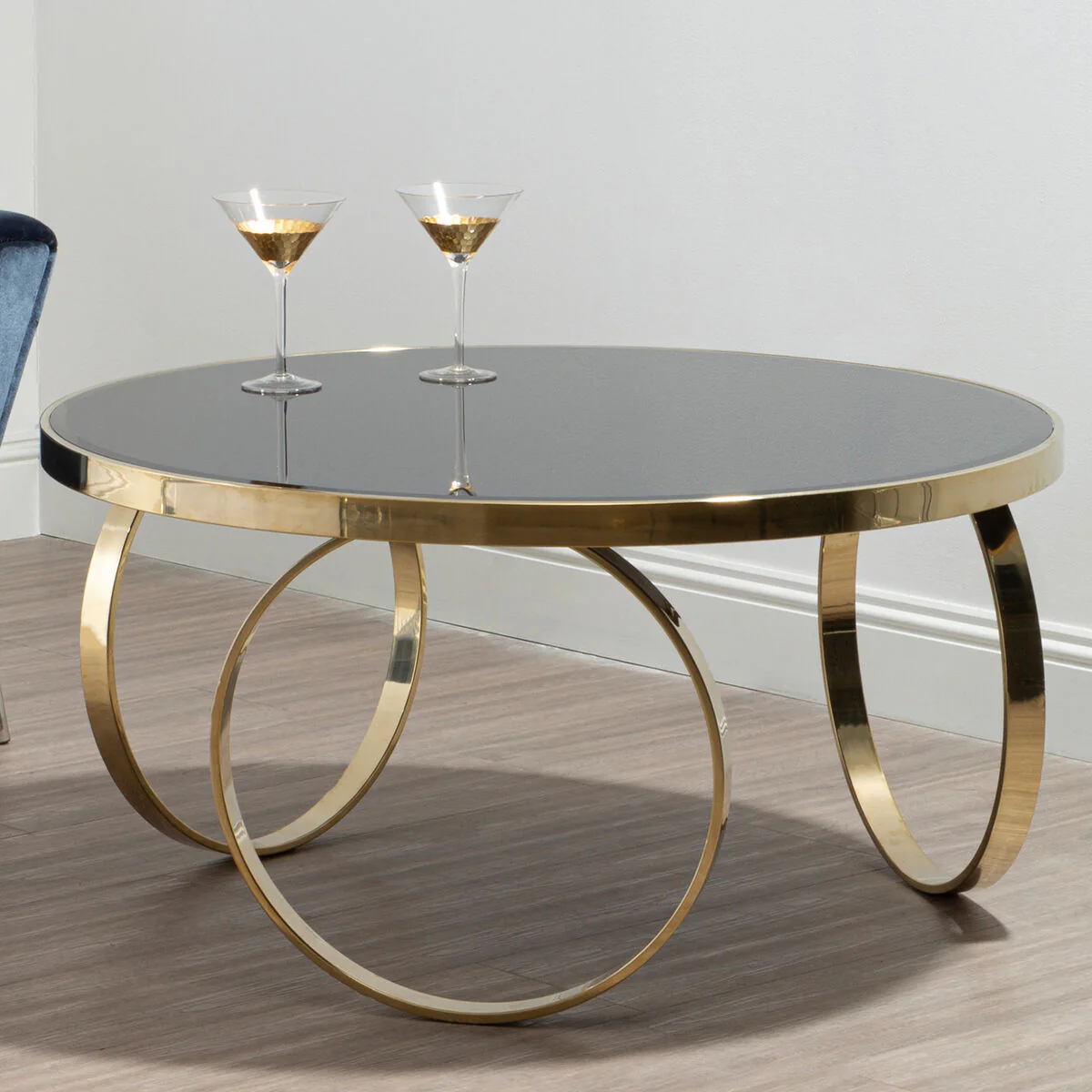 Large Round Mirrored Black Top Coffee Table with Gold Finish Stainless Steel Ring Base, Ragusa
