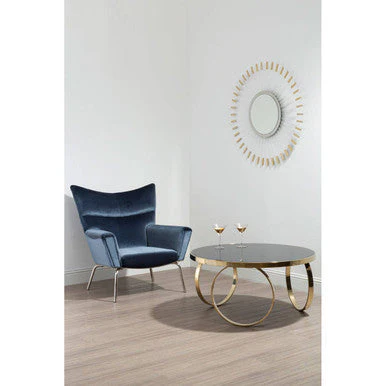 Large Round Mirrored Black Top Coffee Table with Gold Finish Stainless Steel Ring Base, Ragusa - Image 3