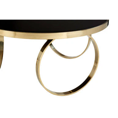 Large Round Mirrored Black Top Coffee Table with Gold Finish Stainless Steel Ring Base, Ragusa - Image 6