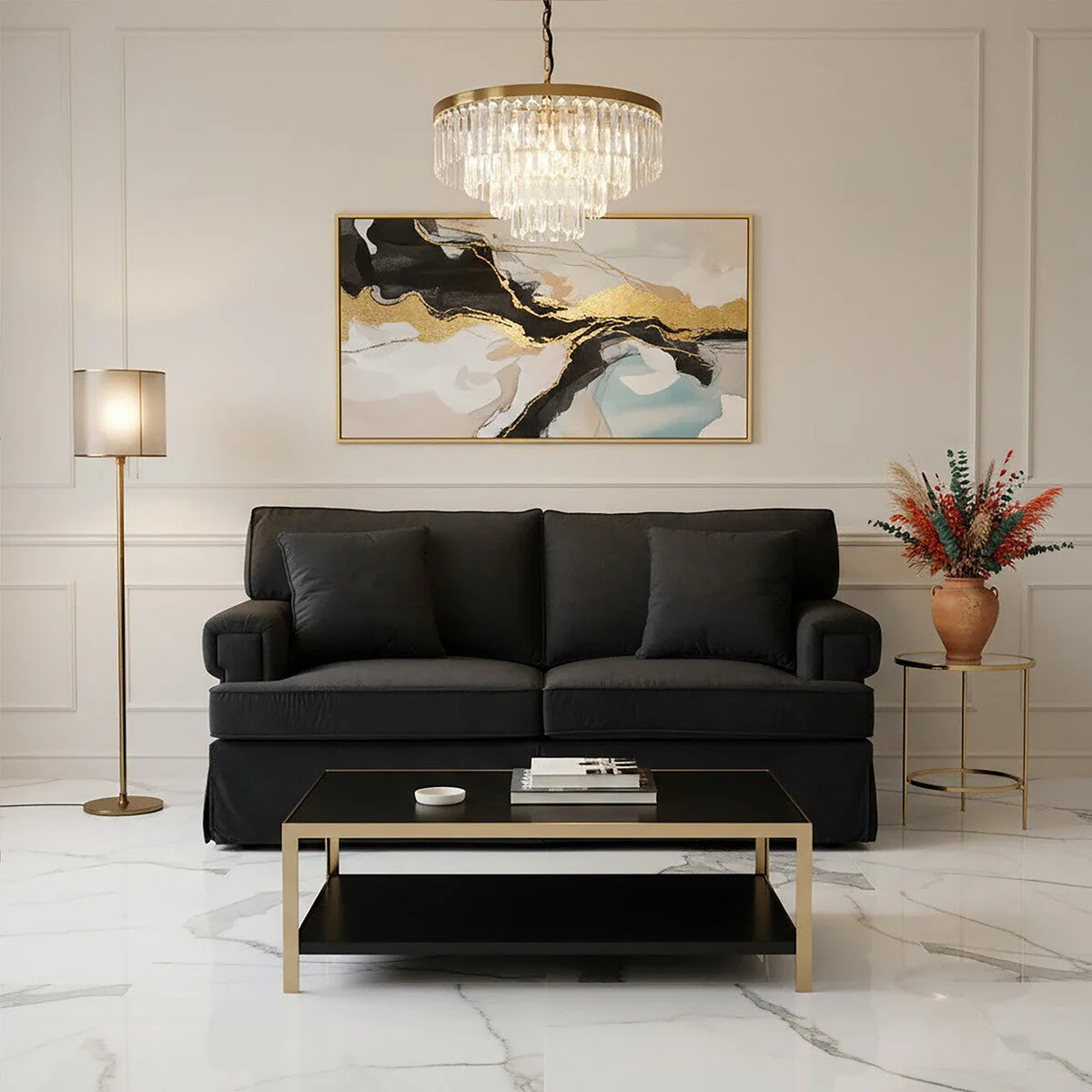 2 Seater Black Velvet Sofa, Ralph - Image 7