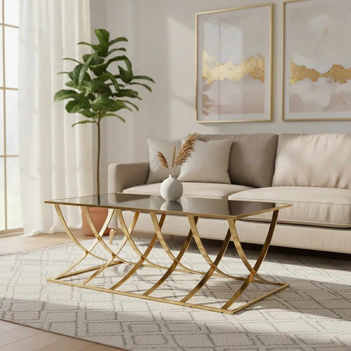 Mirrored Glass Top Coffee Table with Gold Finish Stainless Steel Frame, Reena - Image 3