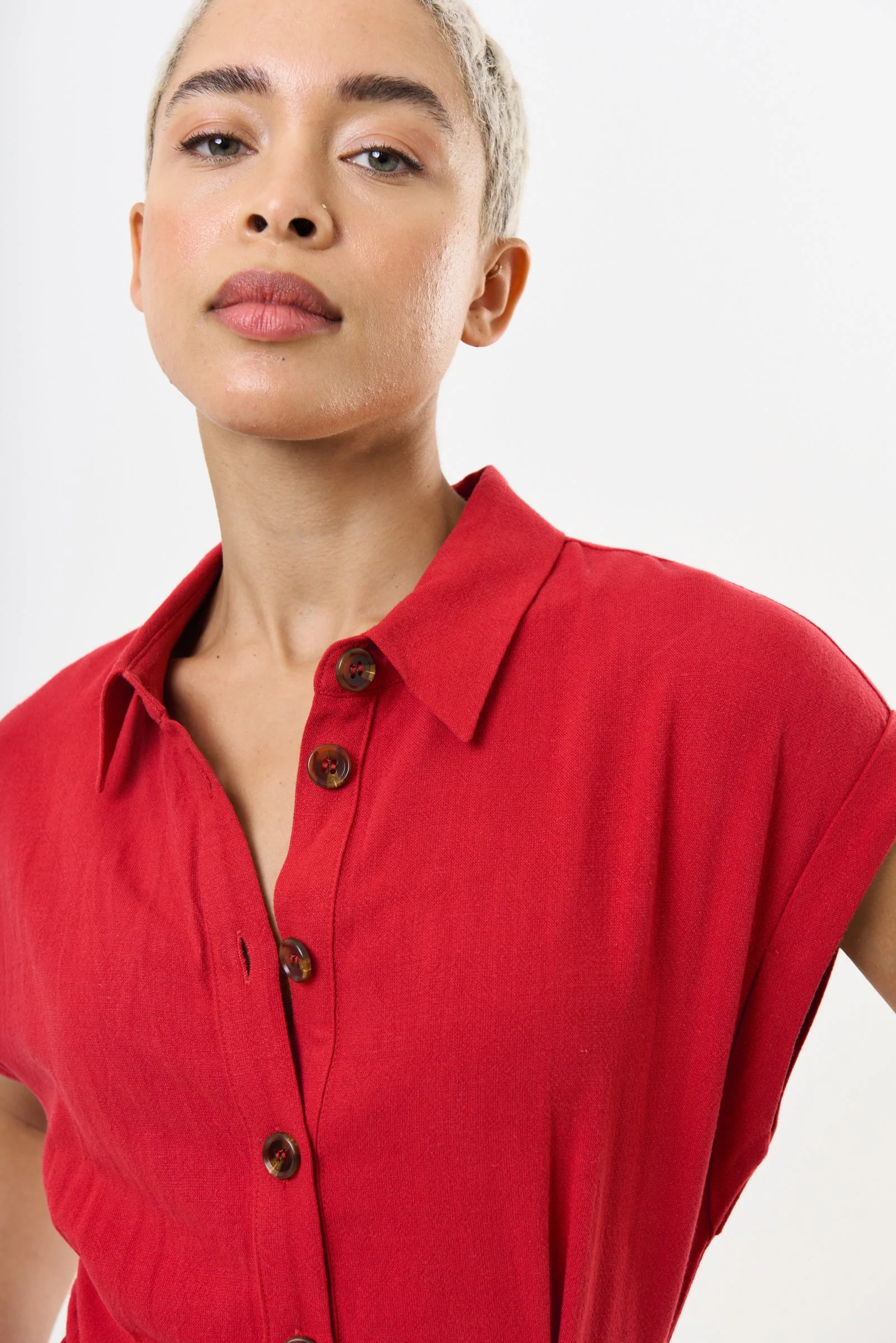 Reese Linen Mix Button Through Midi Shirt Dress - Red - Image 3