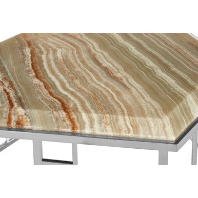 Natural Onyx Stone Top Hexagonal Coffee Table with Wavy Banding and Silver Stainless Steel Frame, Relic - Image 4