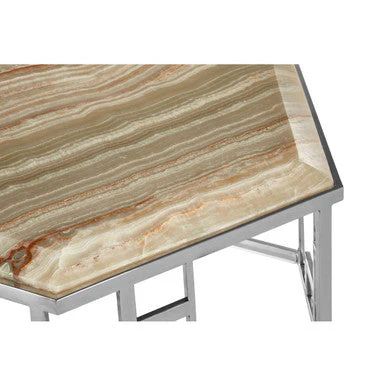 Natural Onyx Stone Top Hexagonal Coffee Table with Wavy Banding and Silver Stainless Steel Frame, Relic - Image 5