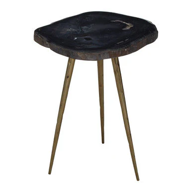 Brown Petrified Wood Top Side Table with Brass Finish Angular Legs, Relic - Image 3