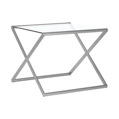 Rectangular Clear Tempered Glass Side Table with Satin Nickel Criss Cross Metal Frame, Roma - Image 2