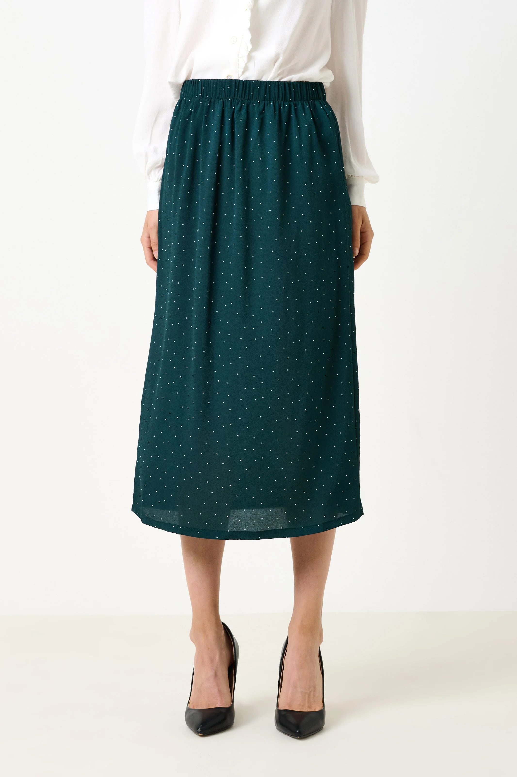 Saro Micro Dot Dark Green Bias Midi Skirt