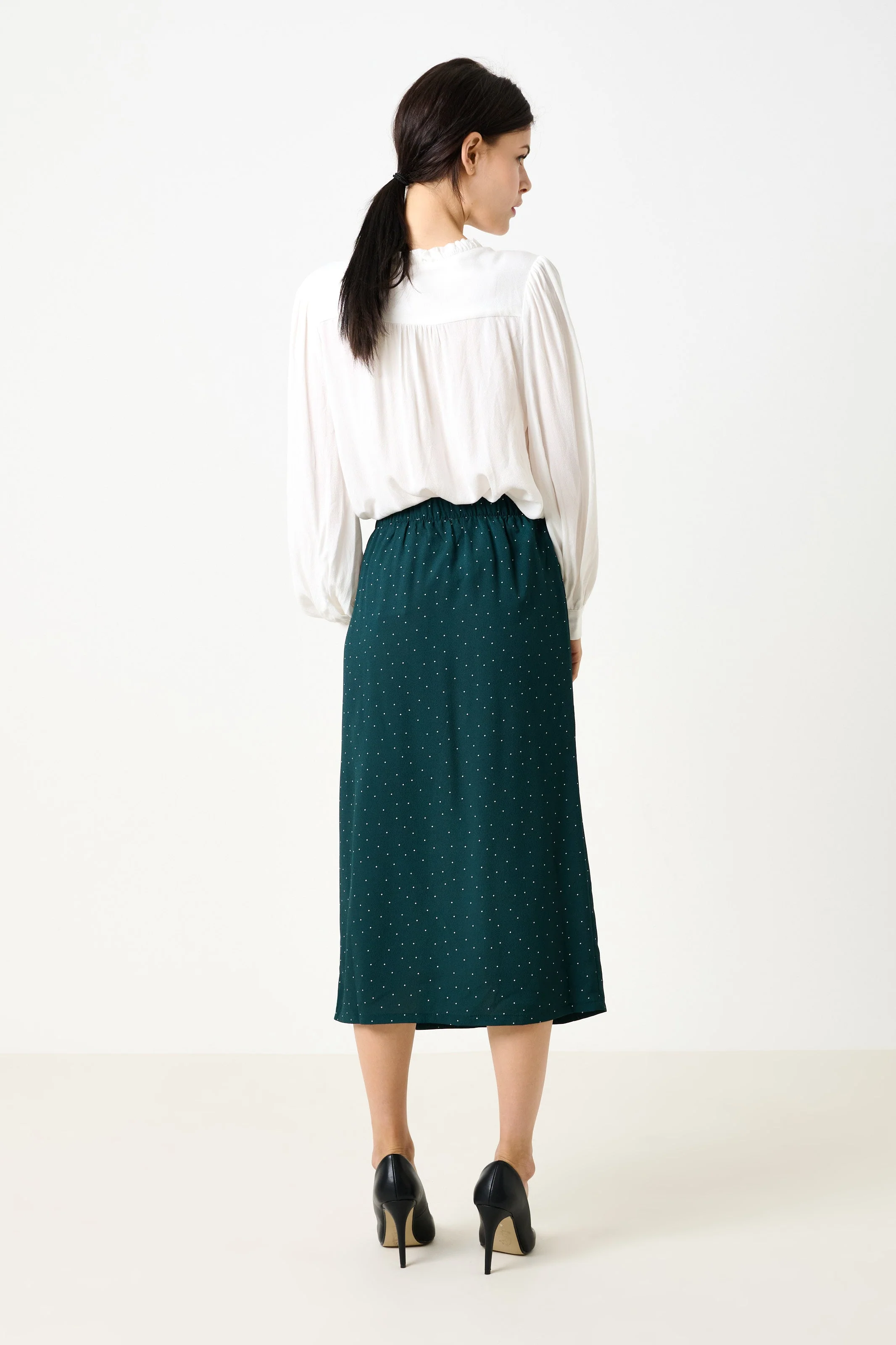 Saro Micro Dot Dark Green Bias Midi Skirt - Image 2