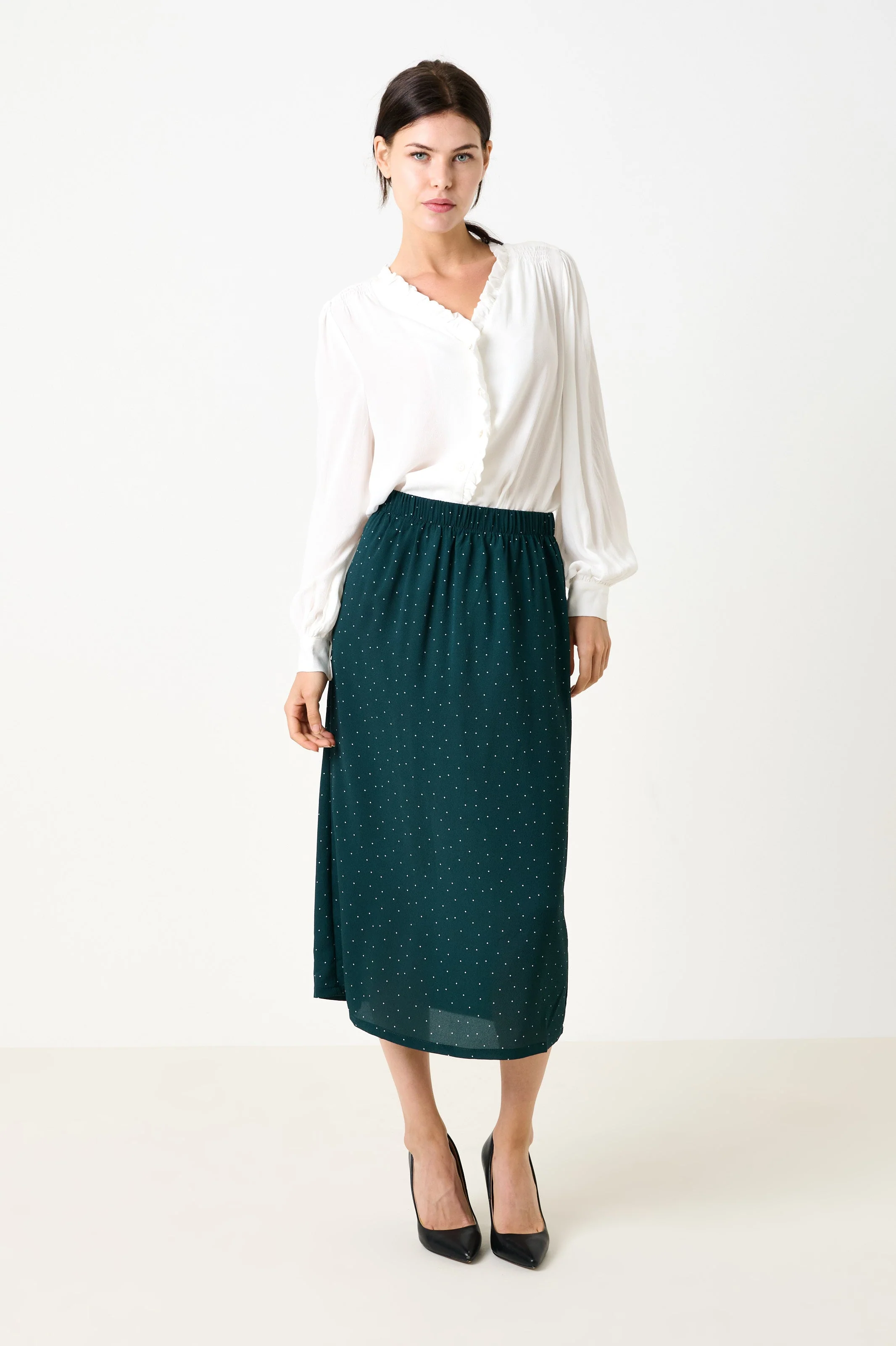 Saro Micro Dot Dark Green Bias Midi Skirt - Image 3