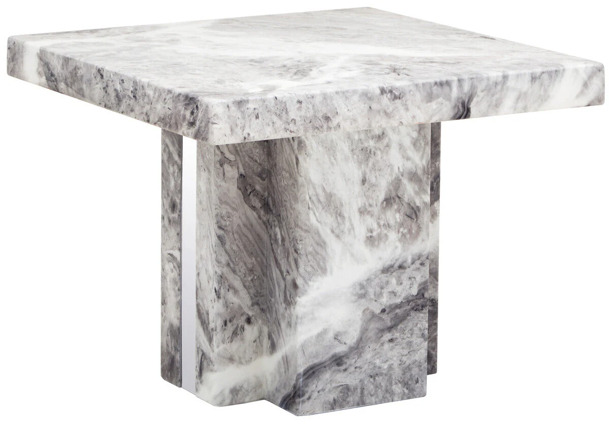 Grey Marble Top Side Table with Pedestal Base and Silver Stainless Steel Detailing, Saronno - Image 3