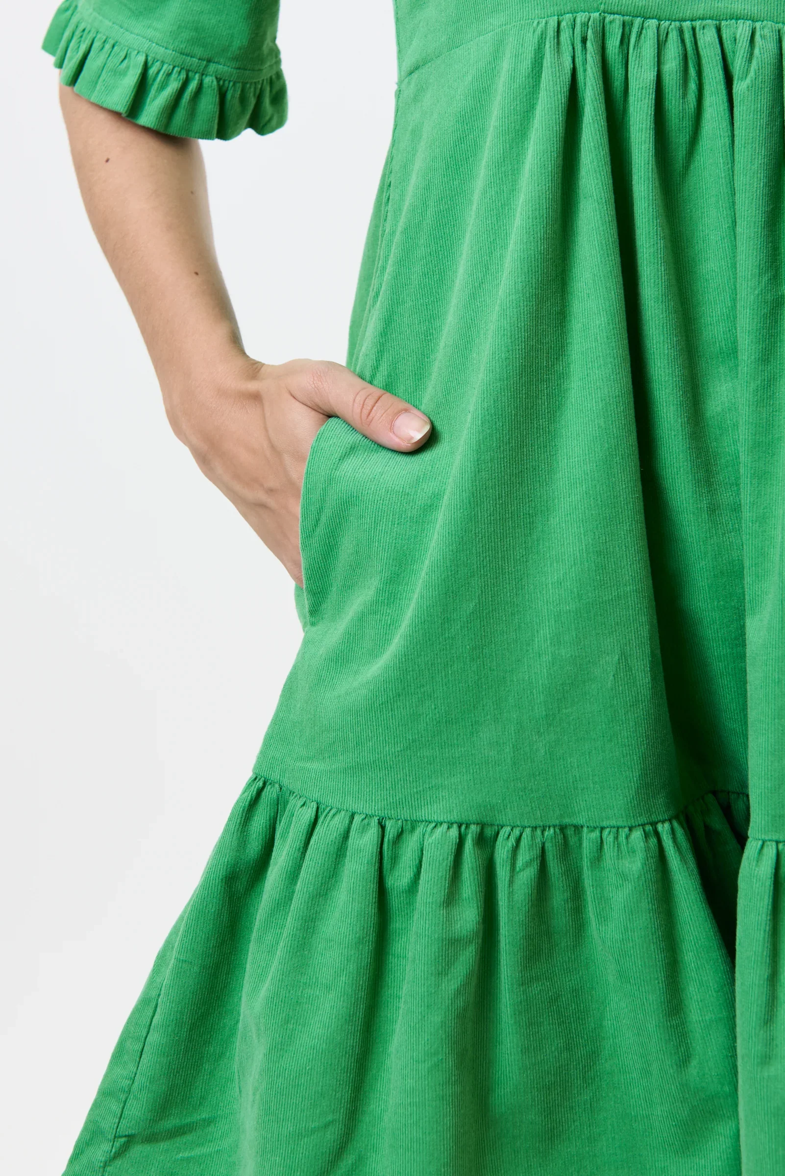 Sassa Lightweight Baby Cord Tiered Mini Dress - Green - Image 3