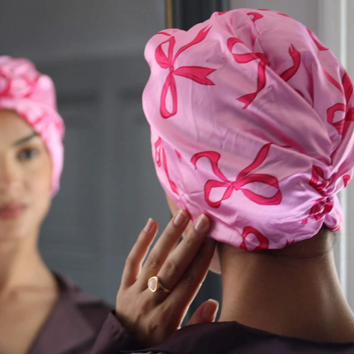 Satin Sleep Turban, Pink Bows - Image 3