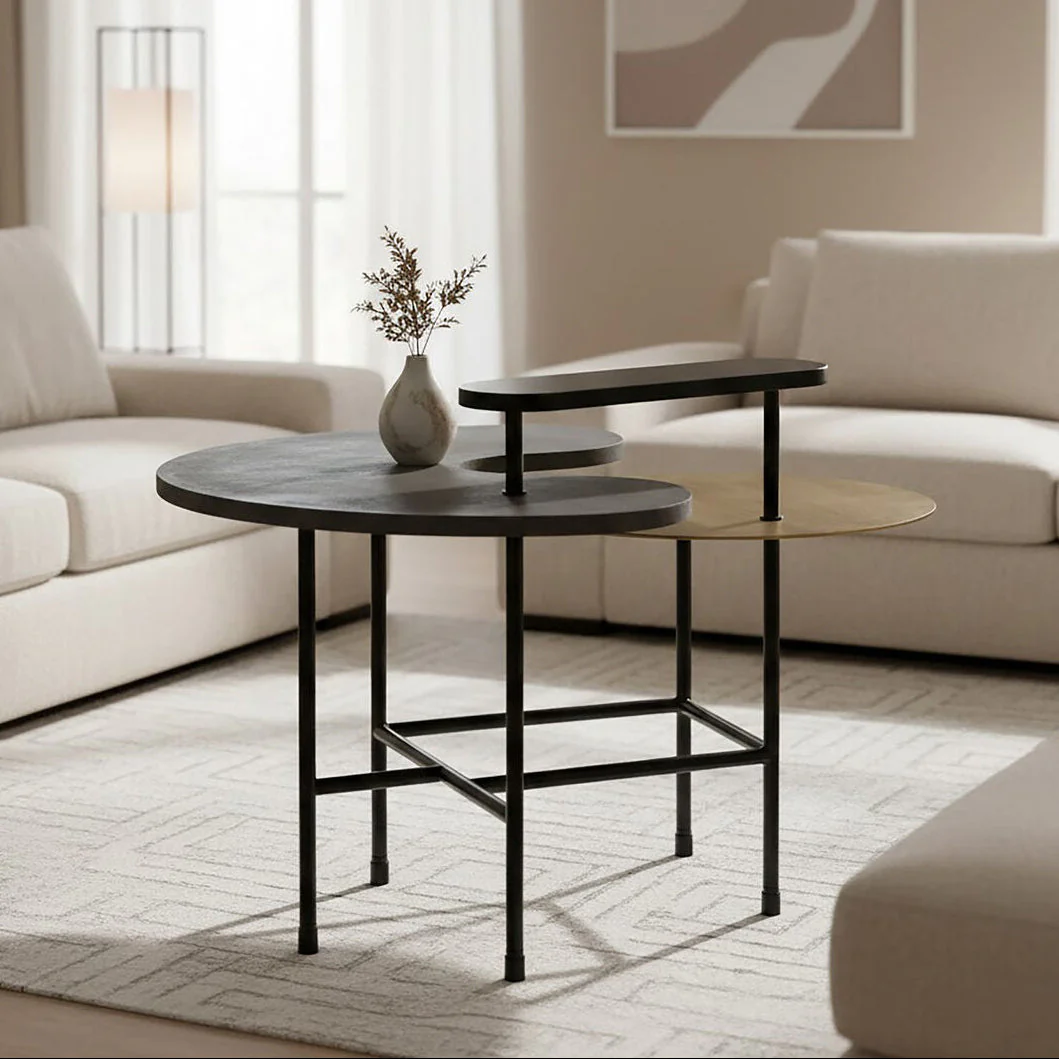 Mixed Metal Finish Tops Sculptural Nesting Coffee Table Set with Black Frame, Serrano