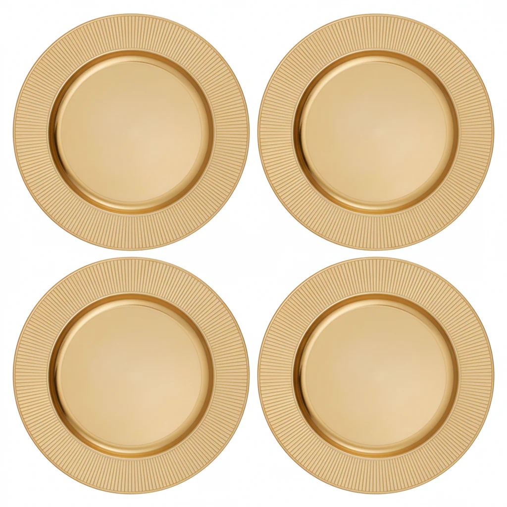 Set of Four 33cm Dia Gold Charger Plates with Ribbed Rims