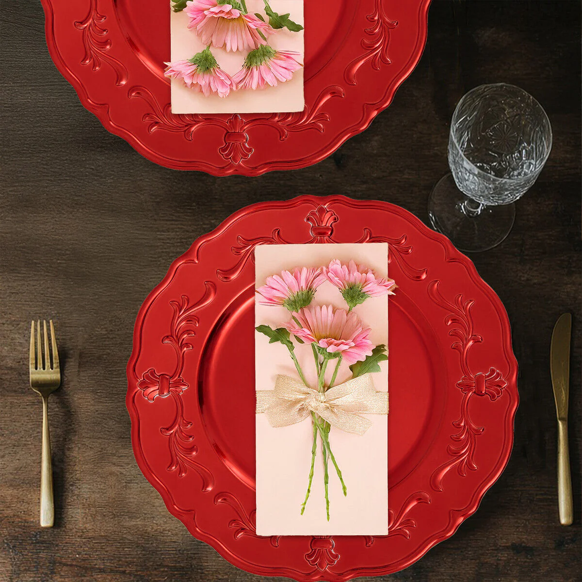 Set of Four 33cm Dia Red Finish Baroque Charger Plates - Image 4