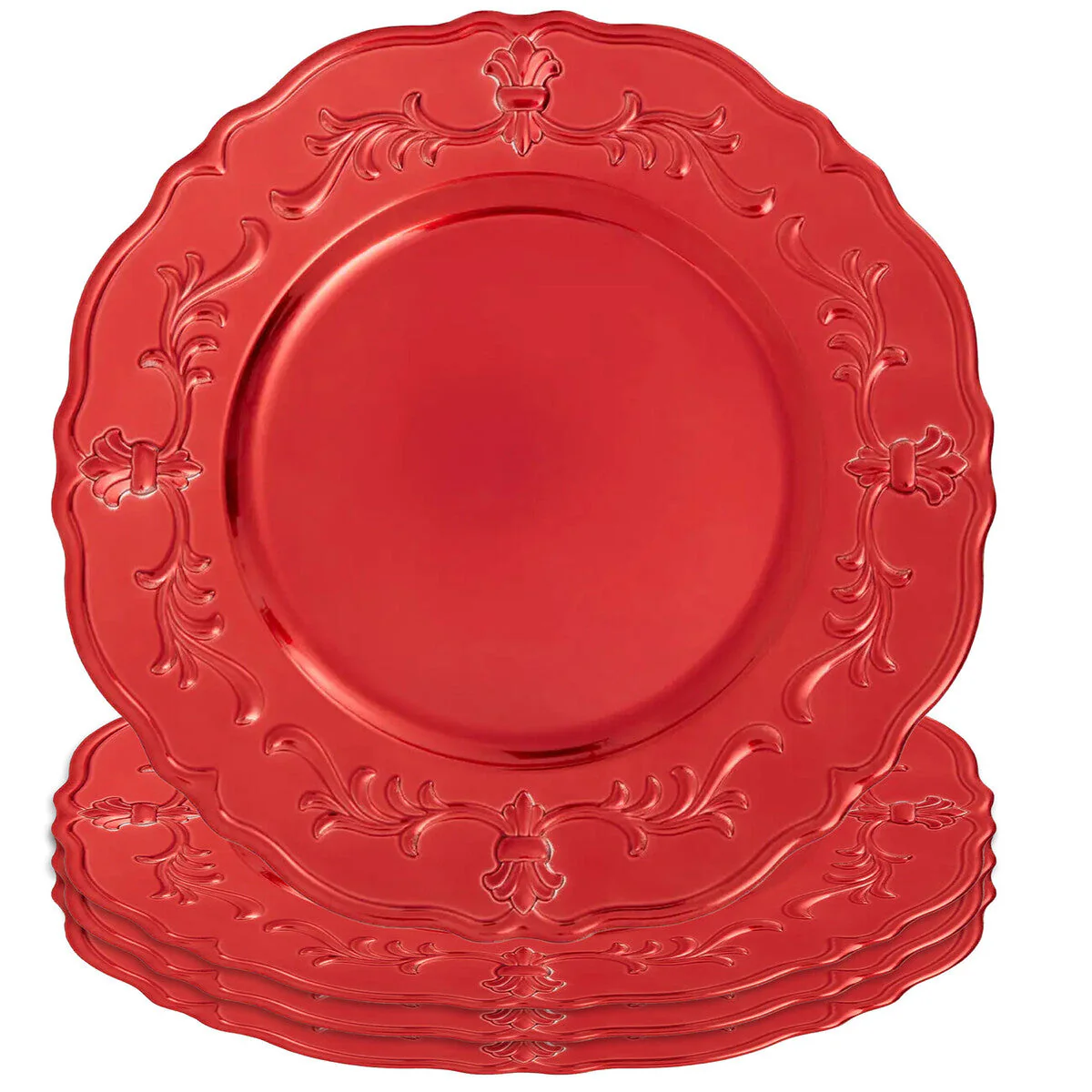 Set of Four 33cm Dia Red Finish Baroque Charger Plates - Image 7