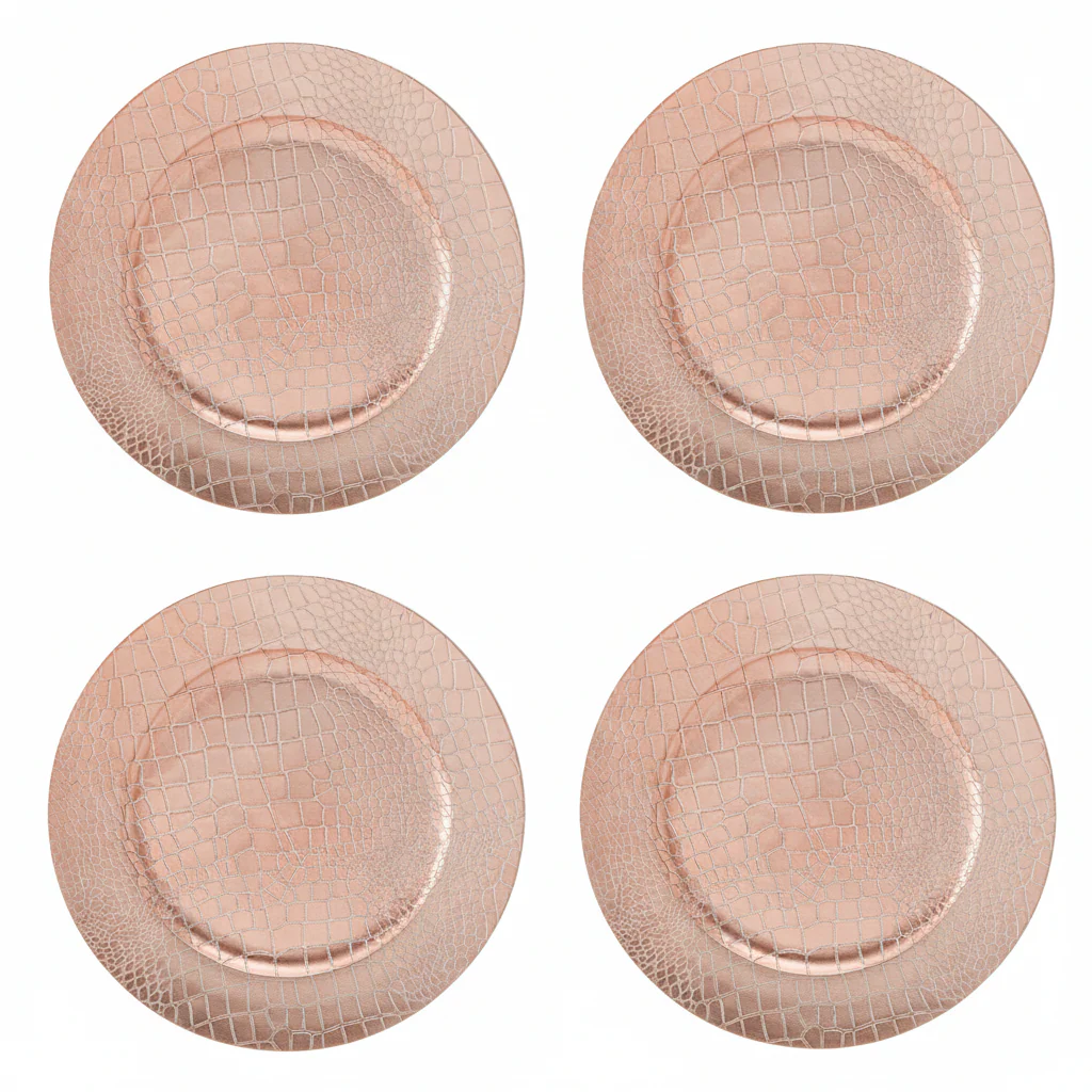 Set of Four 33cm Dia Rose Gold Crocodile Effect Charger Plates