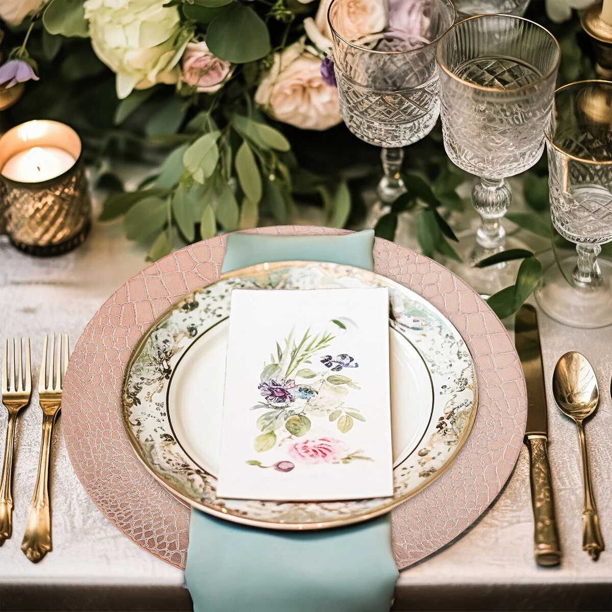 Set of Four 33cm Dia Rose Gold Crocodile Effect Charger Plates - Image 2