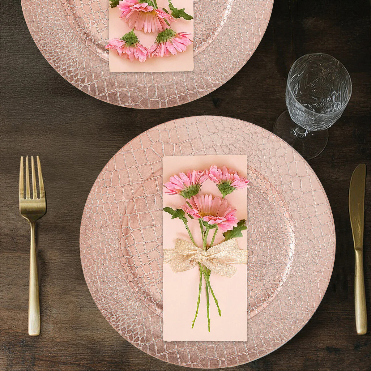 Set of Four 33cm Dia Rose Gold Crocodile Effect Charger Plates - Image 3