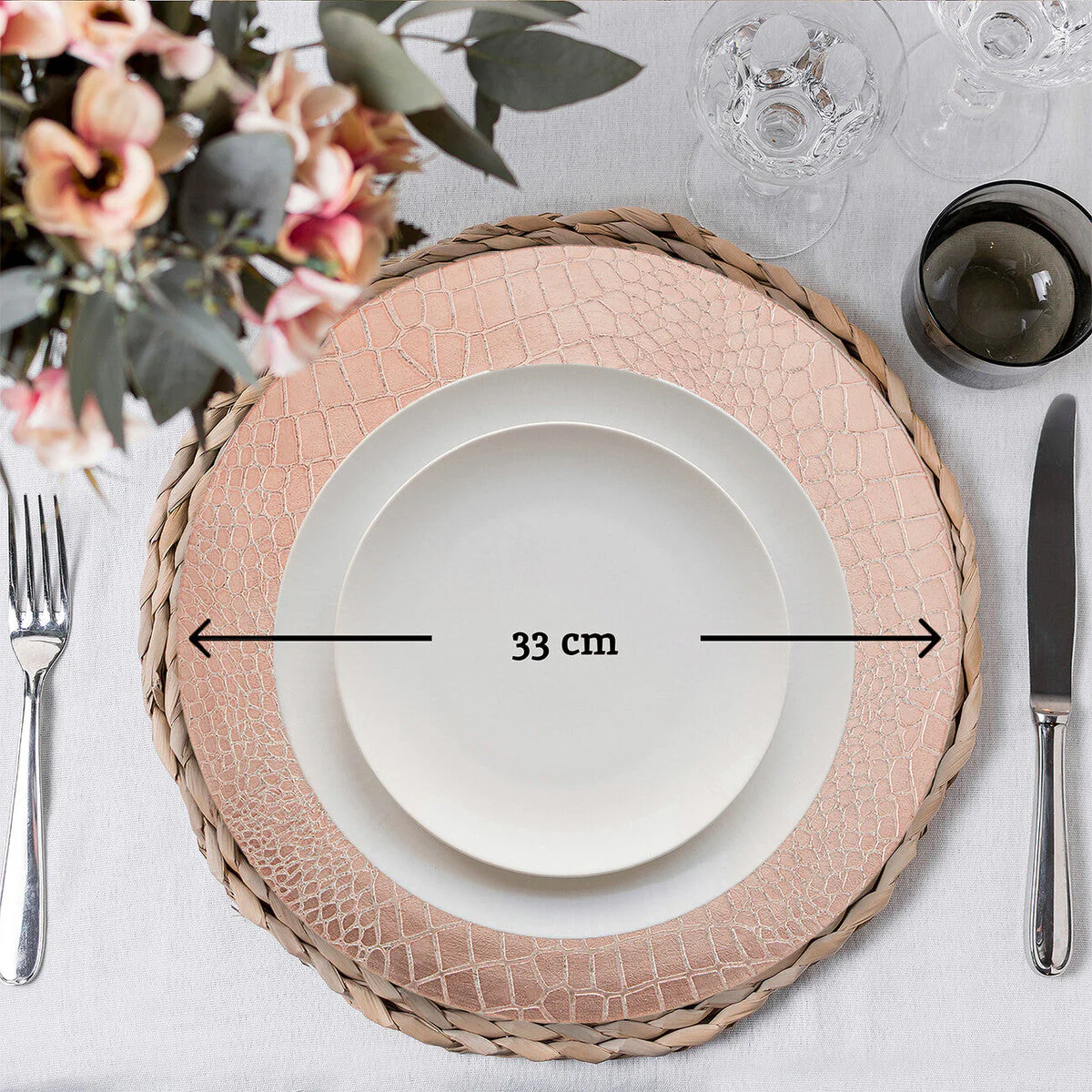 Set of Four 33cm Dia Rose Gold Crocodile Effect Charger Plates - Image 8