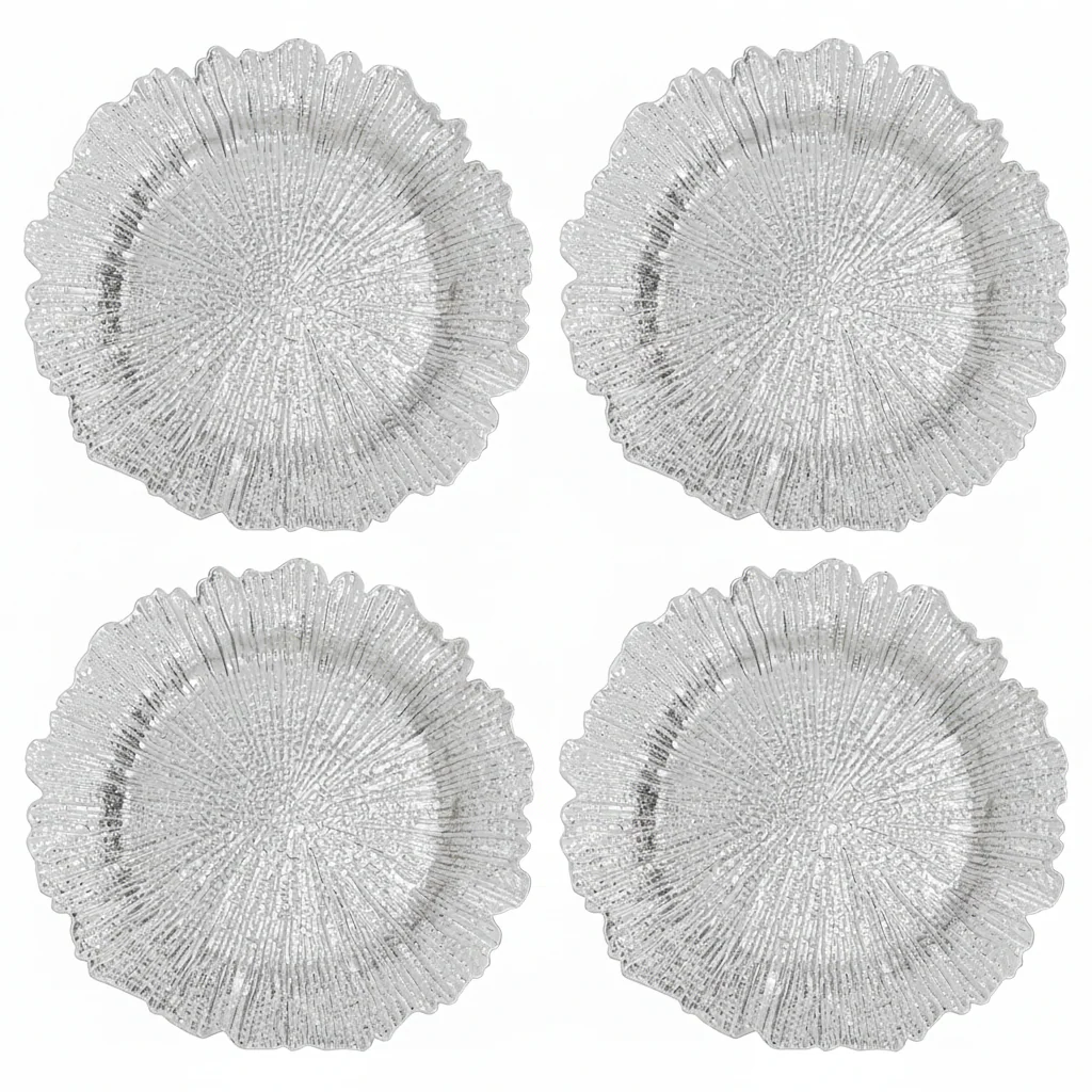Set of Four 33cm Dia Silver Finish Reef Charger Plates