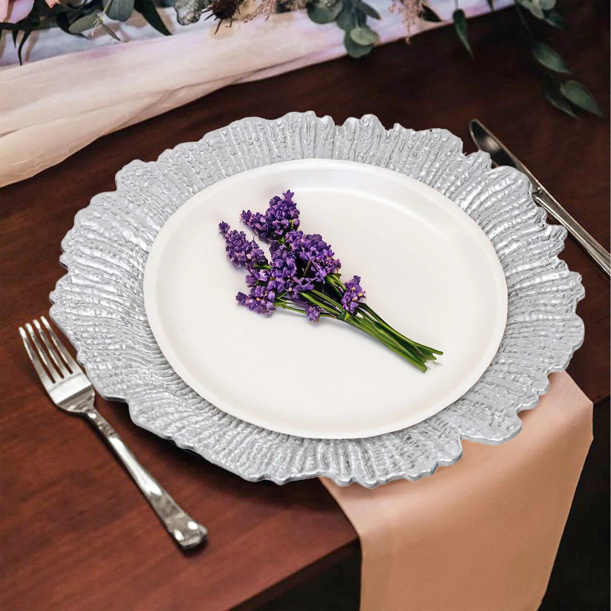 Set of Four 33cm Dia Silver Finish Reef Charger Plates - Image 2
