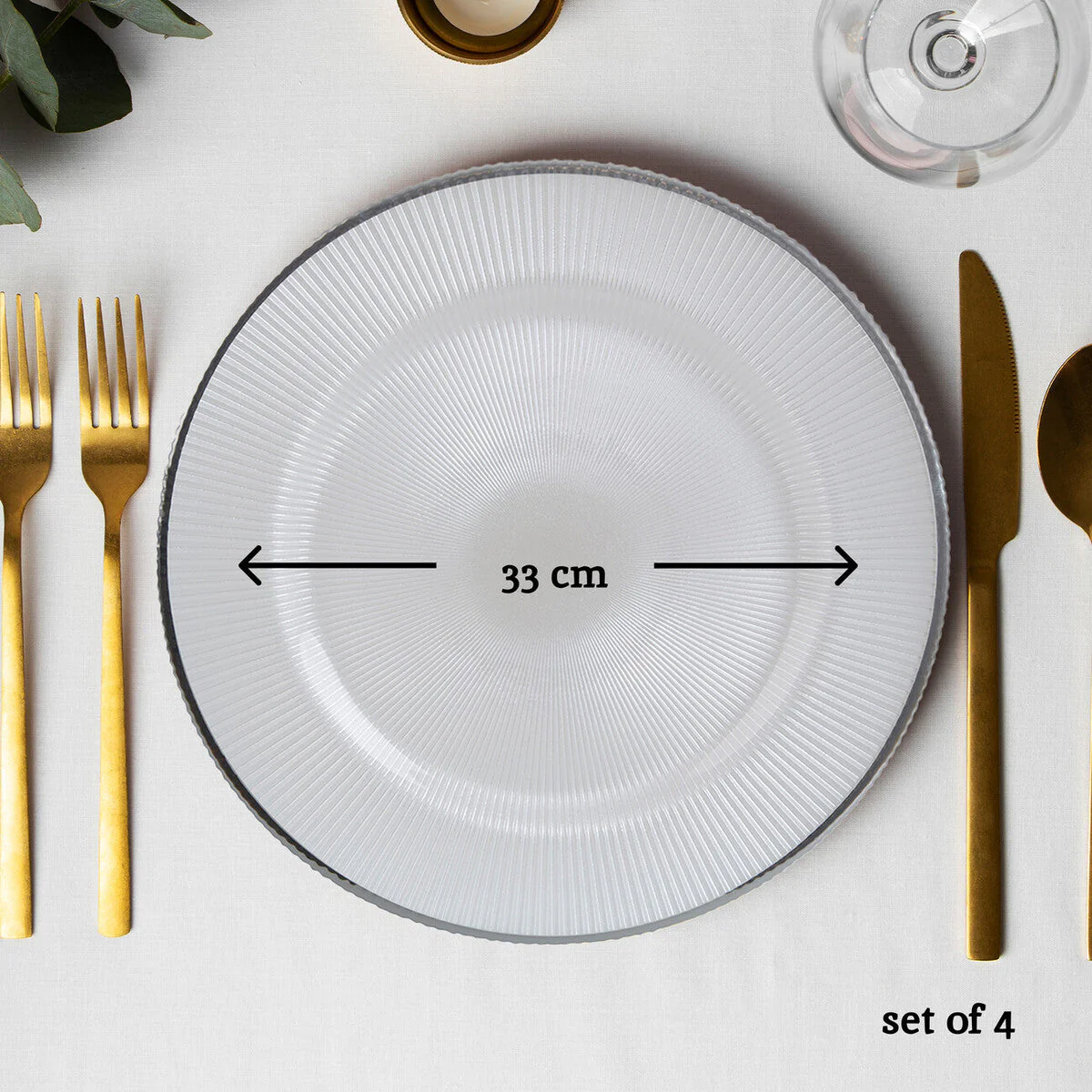 Set of Four Ida 33cm Dia Embossed White Glass Charger Plates - Image 8