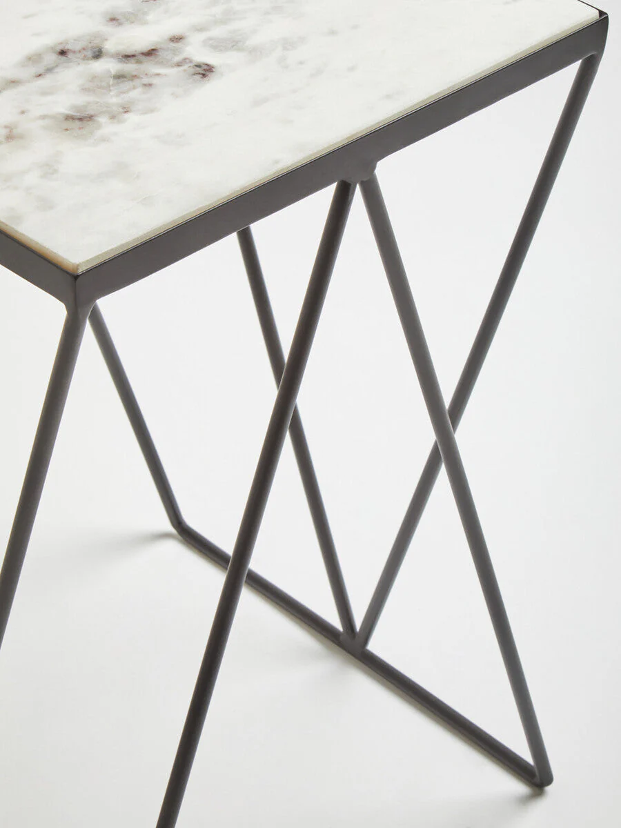 Natural Marble Top Side Table with Matte Black Iron Legs, Shalimar - Image 5