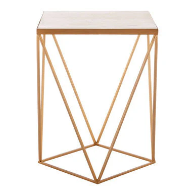 Natural Round Marble Top Side Table with Geometric Gold Metallic Base, Shalimar - Image 2