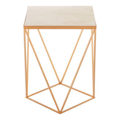Natural Round Marble Top Side Table with Geometric Gold Metallic Base, Shalimar - Image 5