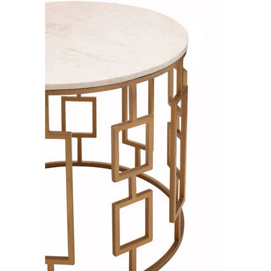 White Marble Top Side Table with Gold Finish Geometric Carousel Frame, Shalimar - Image 3