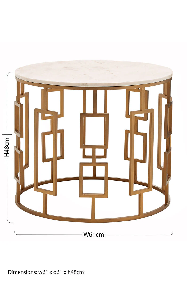 White Marble Top Side Table with Gold Finish Geometric Carousel Frame, Shalimar - Image 4
