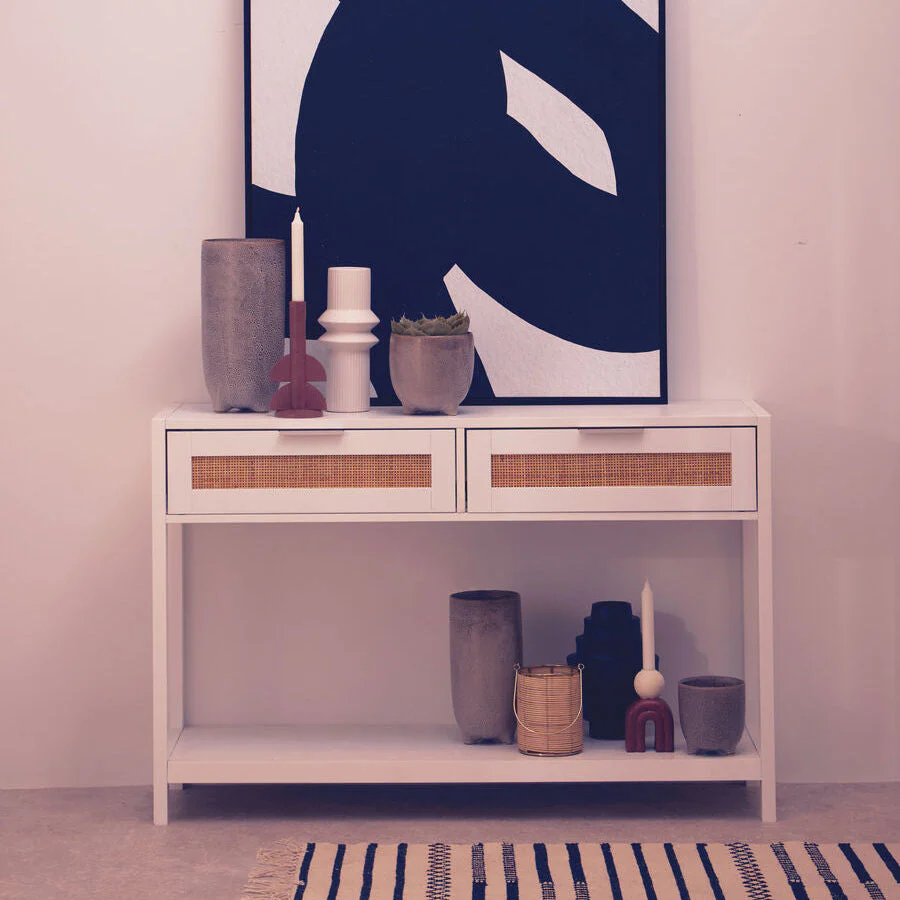 White Wooden Console Table with Rattan 2 Drawers, Sherman