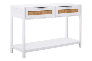 White Wooden Console Table with Rattan 2 Drawers, Sherman - Image 3